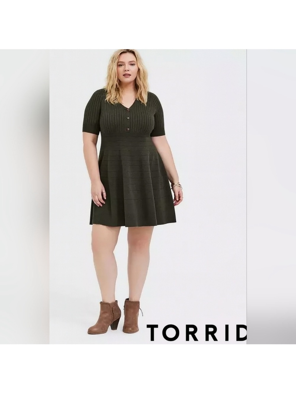 torrid Olive Ribbed V-Neck Fit & Flare Dress, size 0X